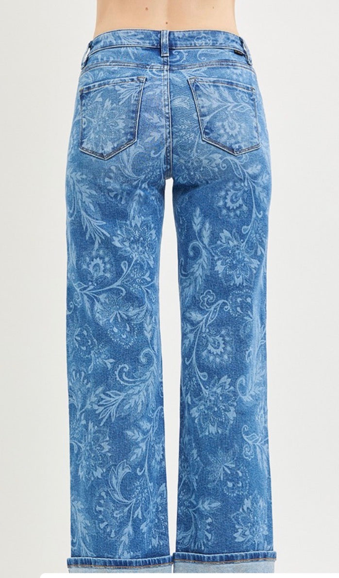 Risen - Mid Rise Ankle Straight Print Details Jeans