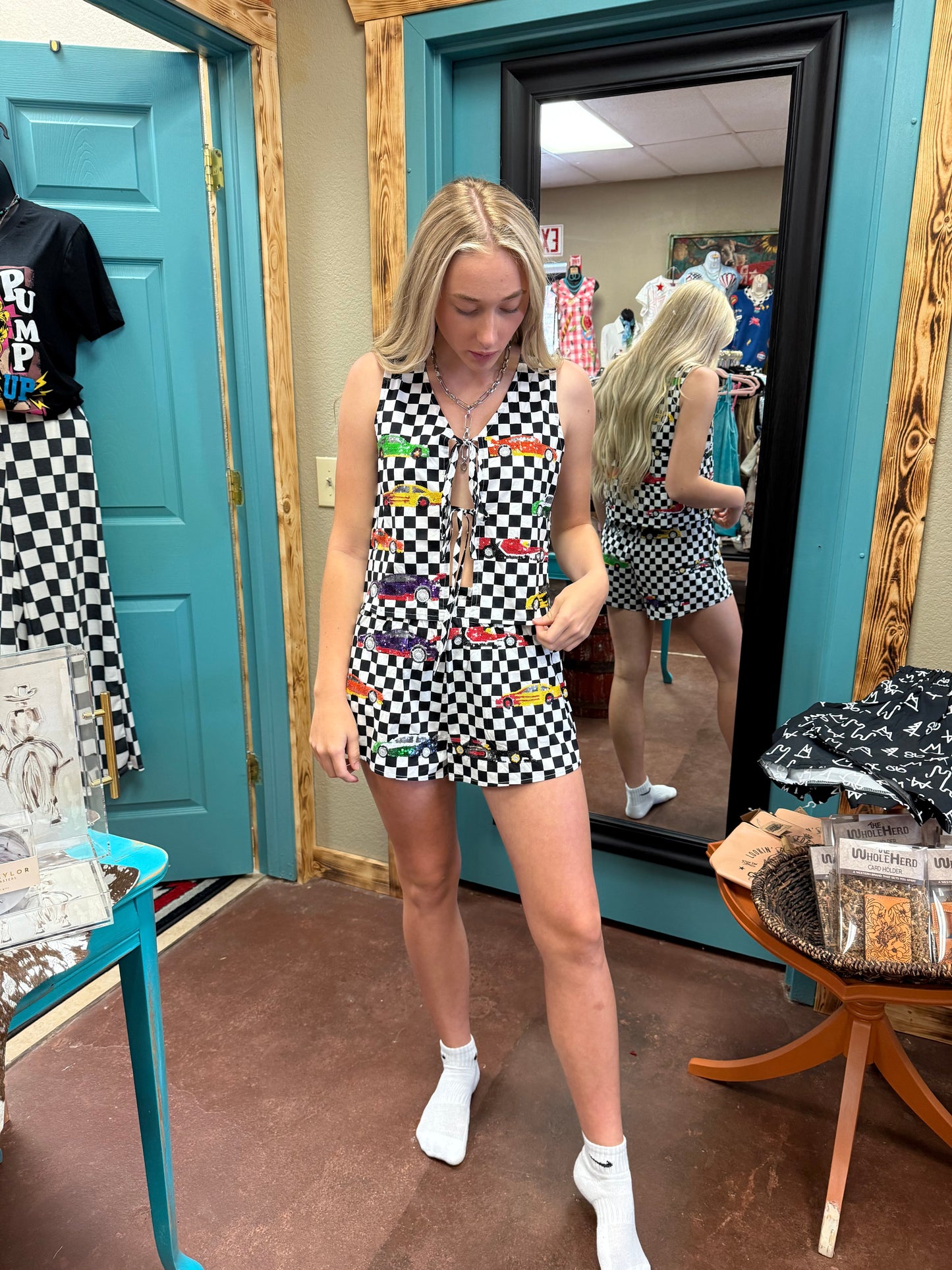 Queen Of Sparkles Checkered Cotton Race Car Top OR Shorts