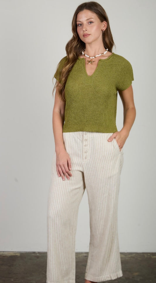 Green Split Neck Knit Top