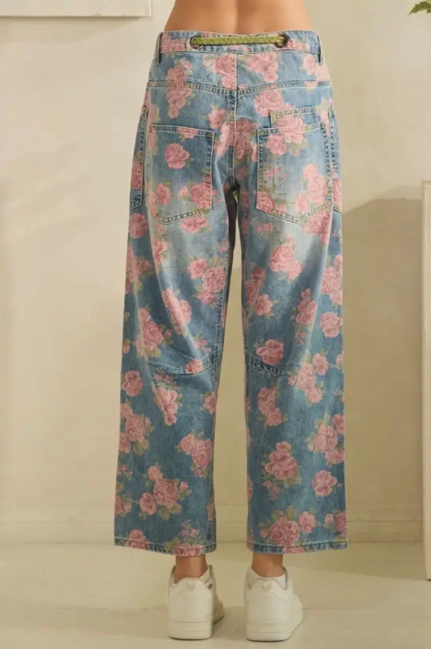 Washed Fiona Floral Print Barrel Jeans