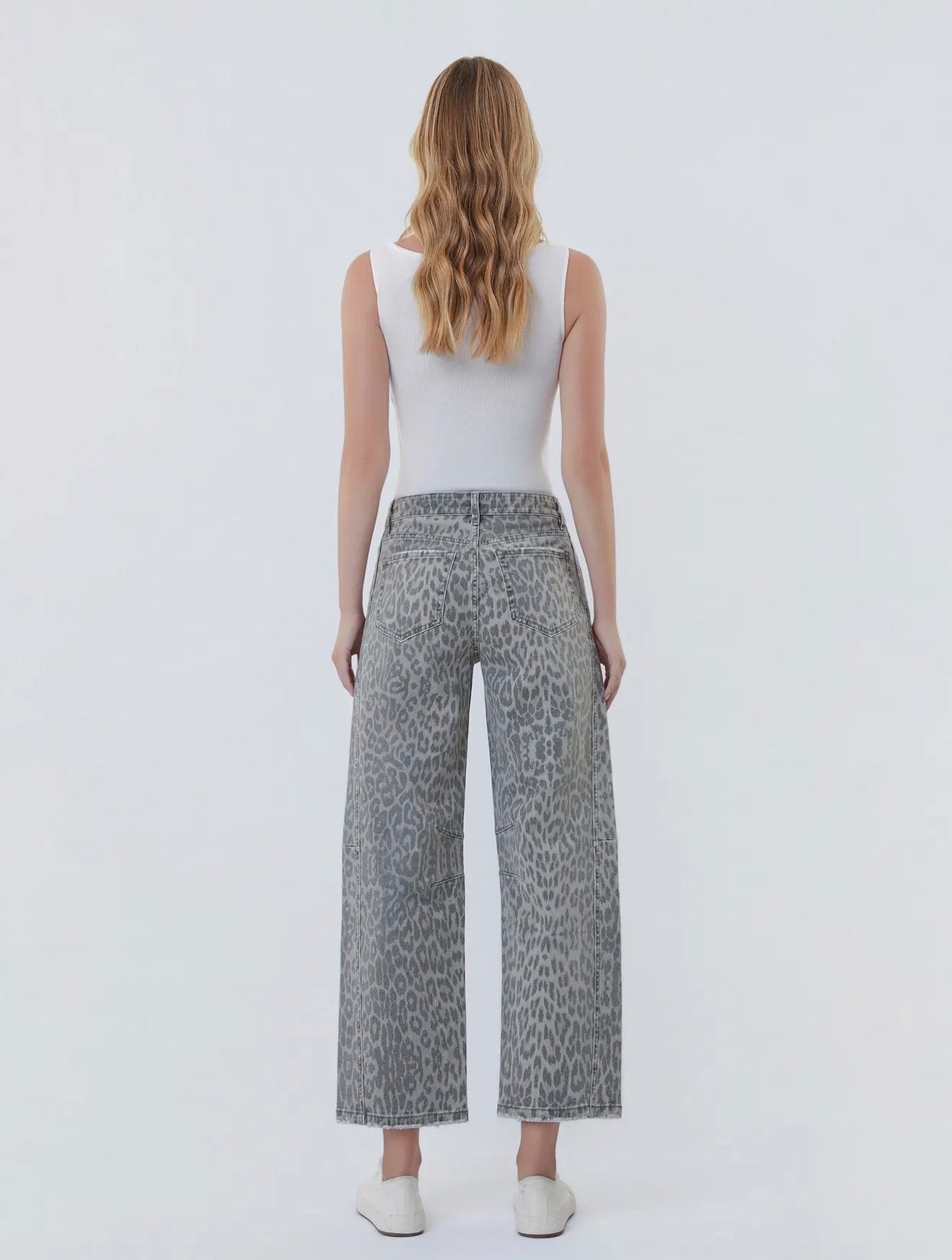 High Rise Drawstring Grey Leopard Barrel Jeans by Vervet