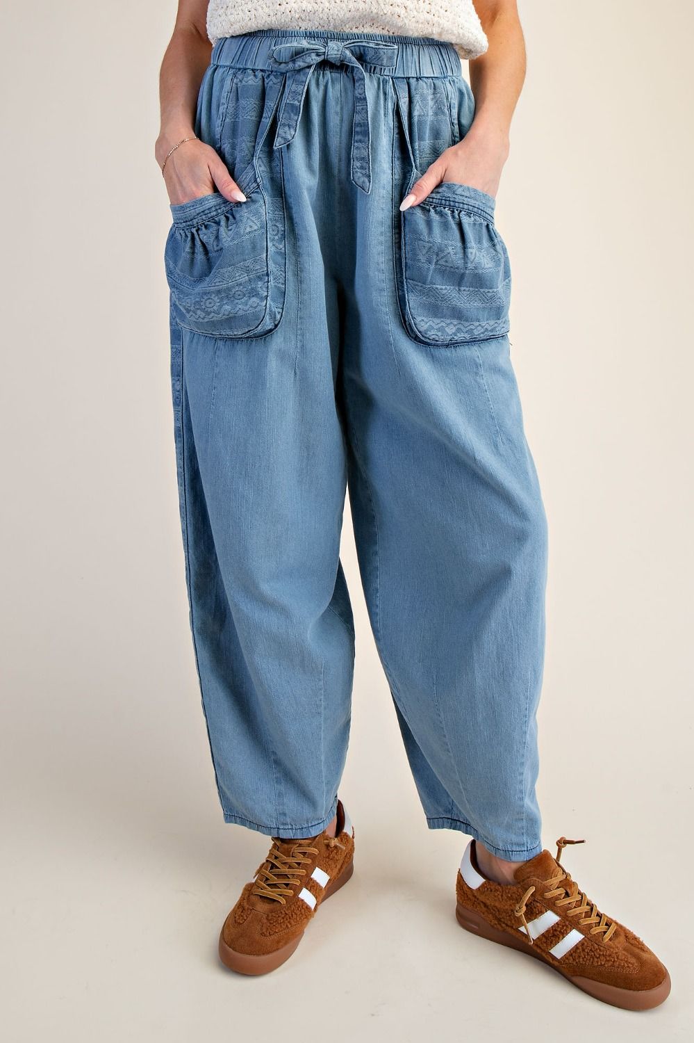 TRIBAL PATTERN MIX WASHED DENIM BARREL PANTS