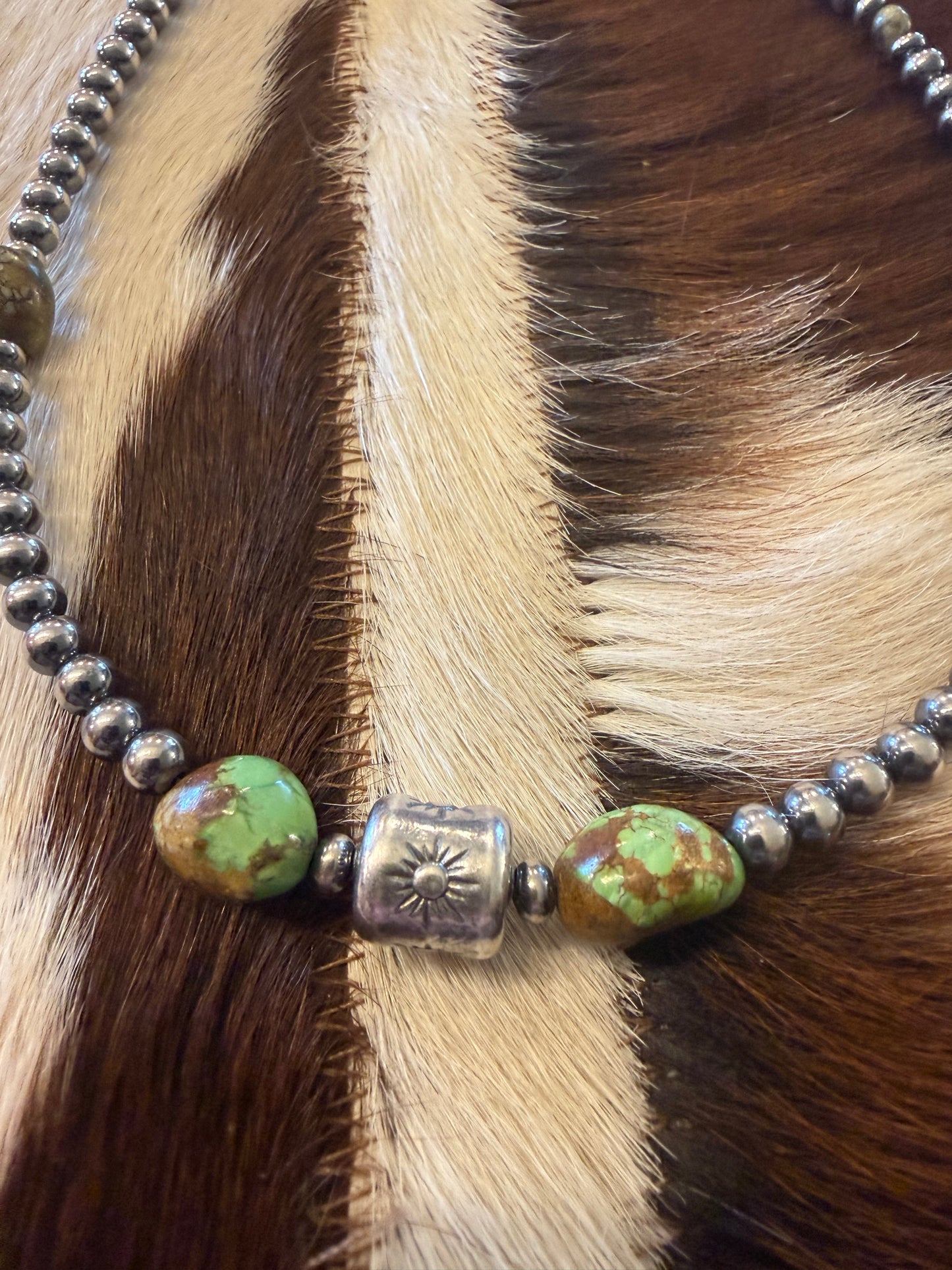 Rare Sonoran Gold Turquoise & Sterling Silver Barrel Bead Necklace