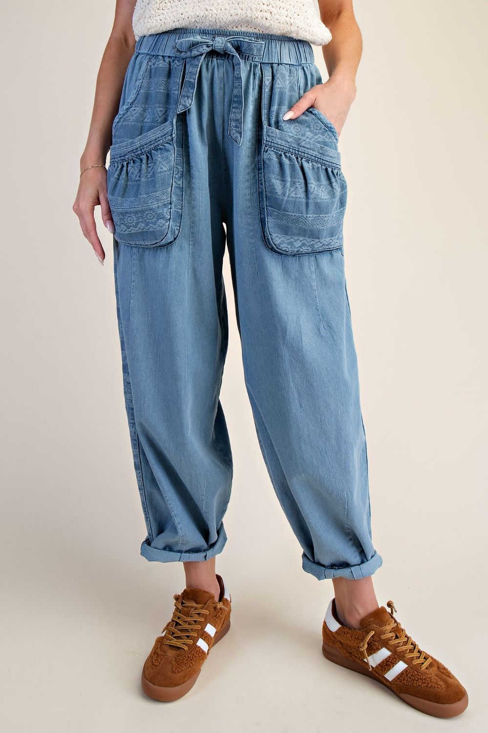 TRIBAL PATTERN MIX WASHED DENIM BARREL PANTS