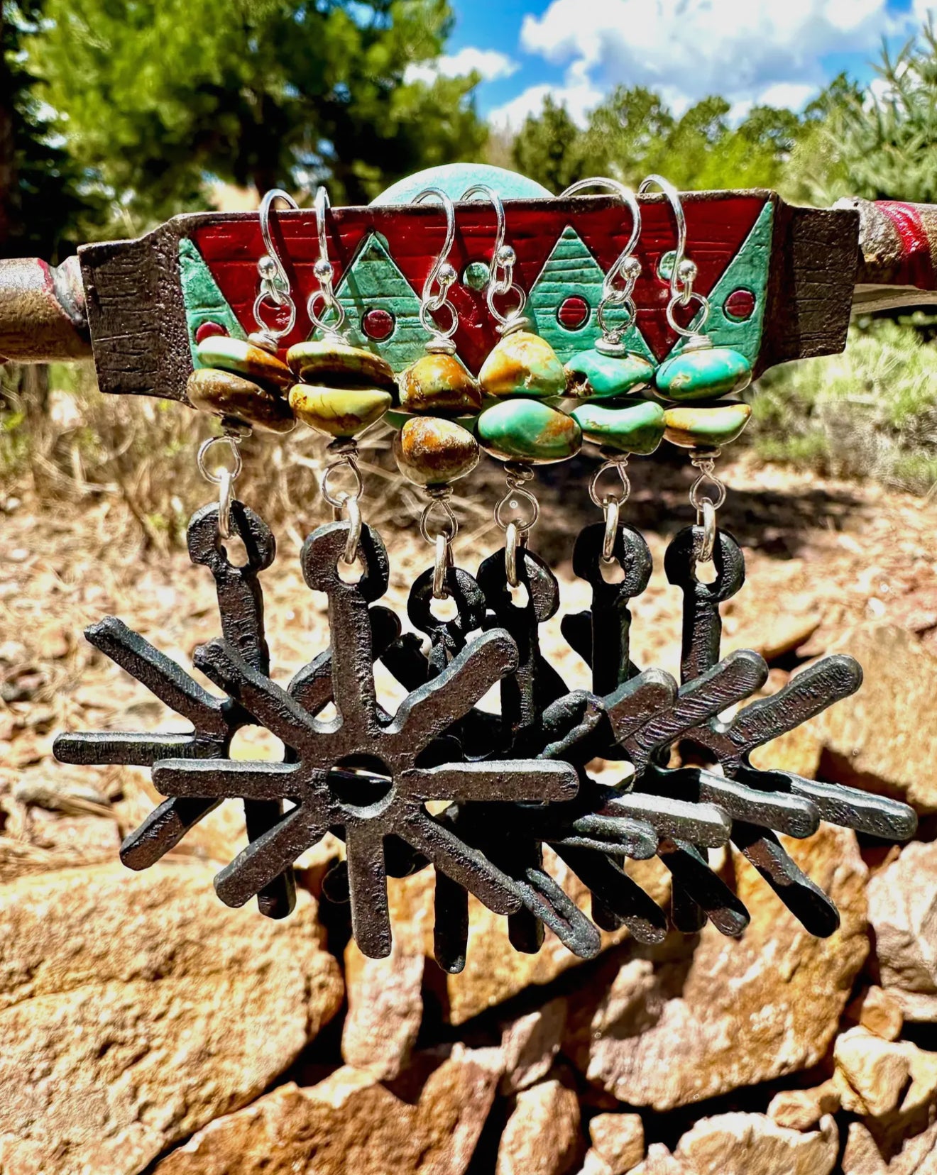 Rustic Metal Spur and Turquoise Earrings