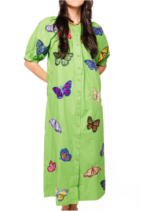 Queen Of Sparkles Green Multi Butterfly Button Up Cotton Midi Dress