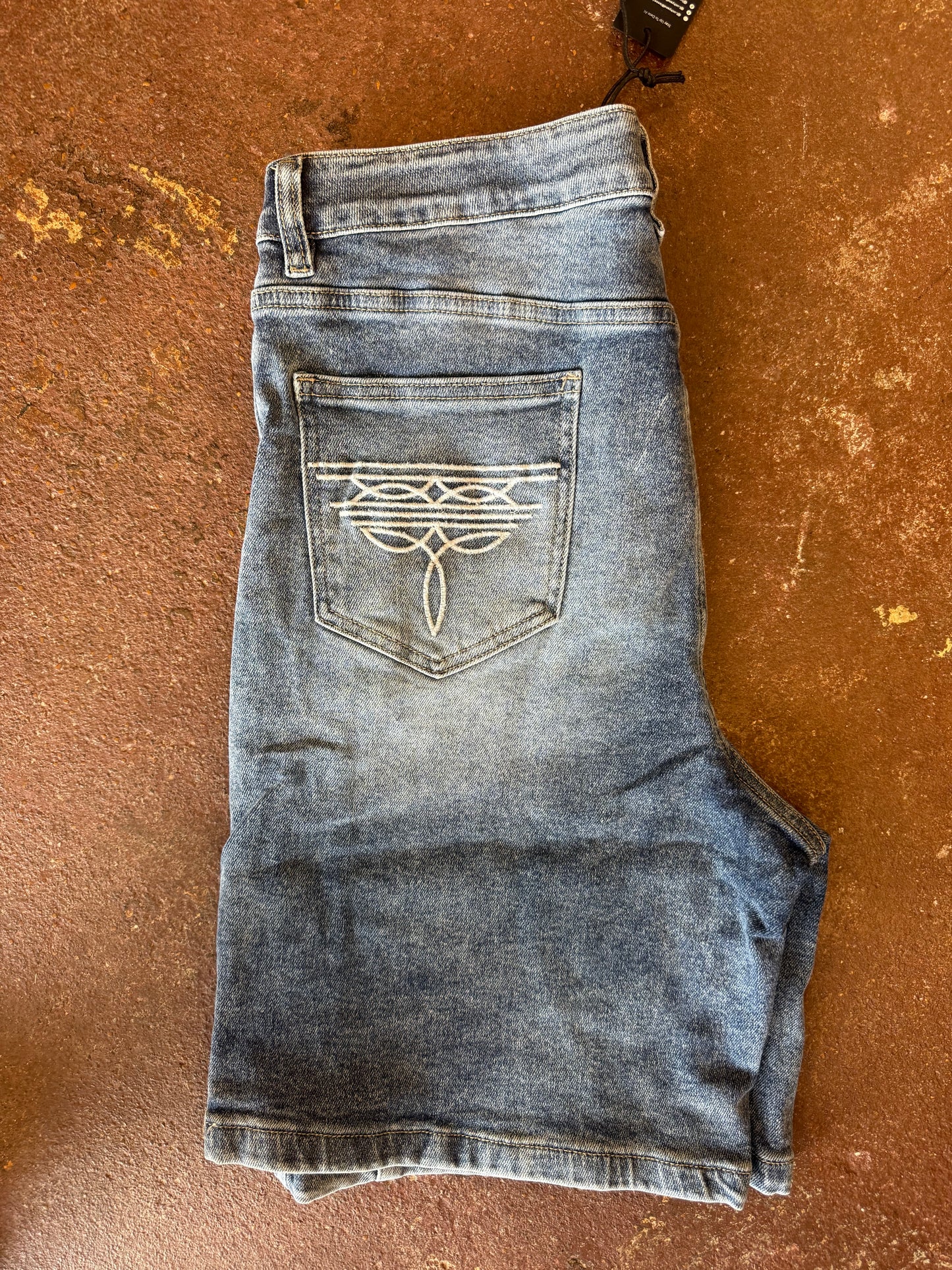 STONE WASH HIGH RISE STRETCH DENIM BOOT STITCHING BERMUDA SHORTS