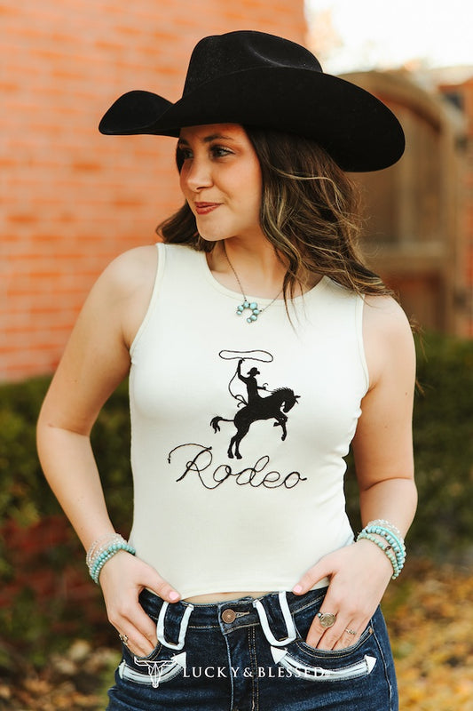 Ivory Rodeo Ribbed Embroidered Tank Western Top