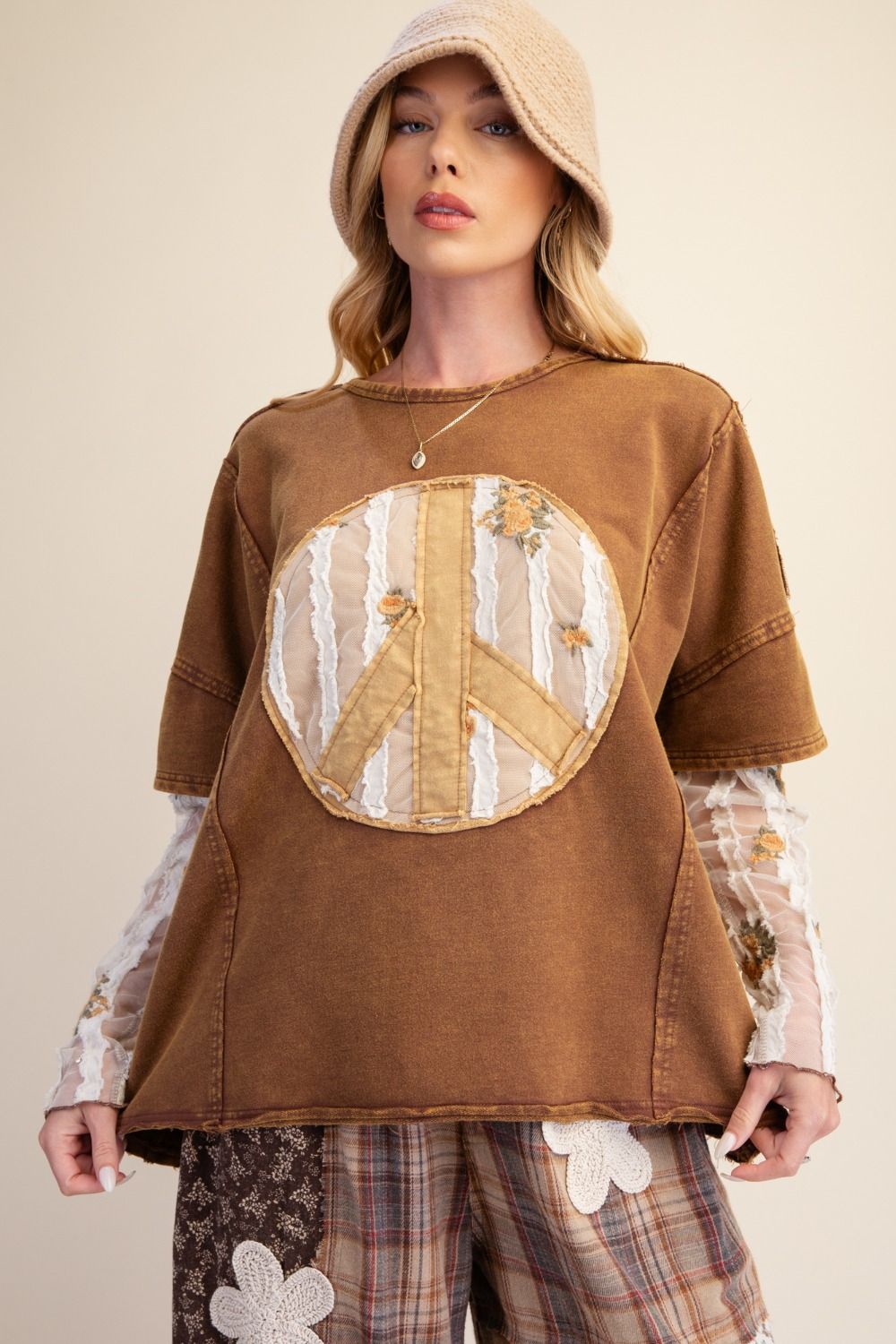 PEACE PATCH FRONT WASHED KNIT TOP - Plus Size