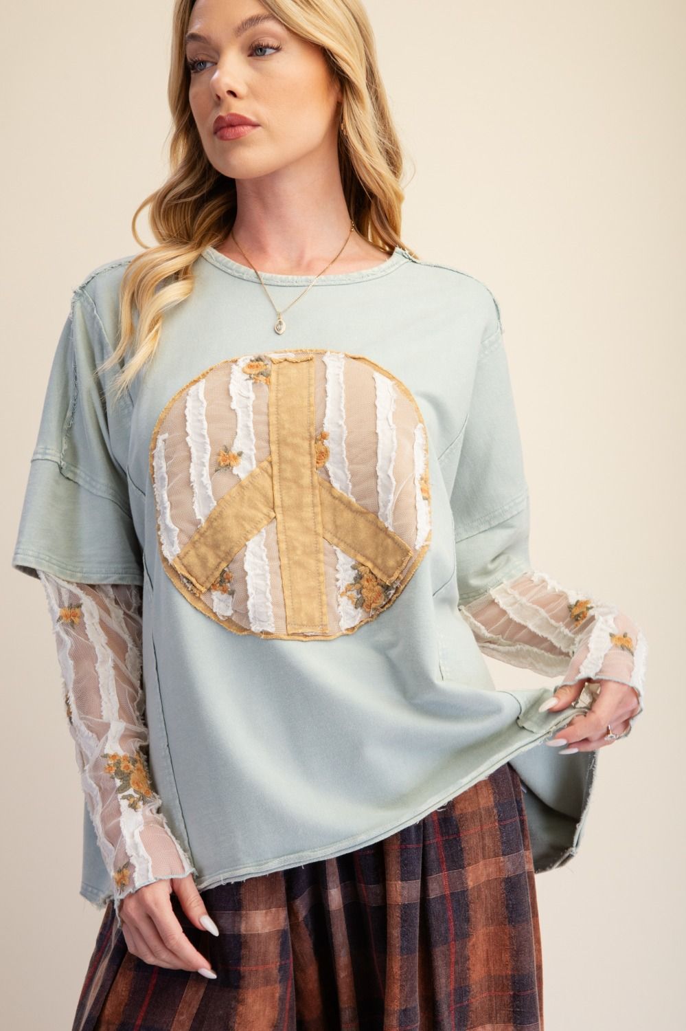 PEACE PATCH FRONT WASHED KNIT TOP - Plus Size