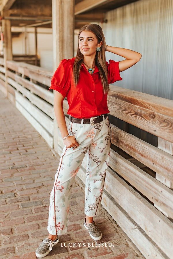 CREAM WESTERN PRINT STRETCH DENIM MID RISE BARREL JEANS   (28IN INSEAM)