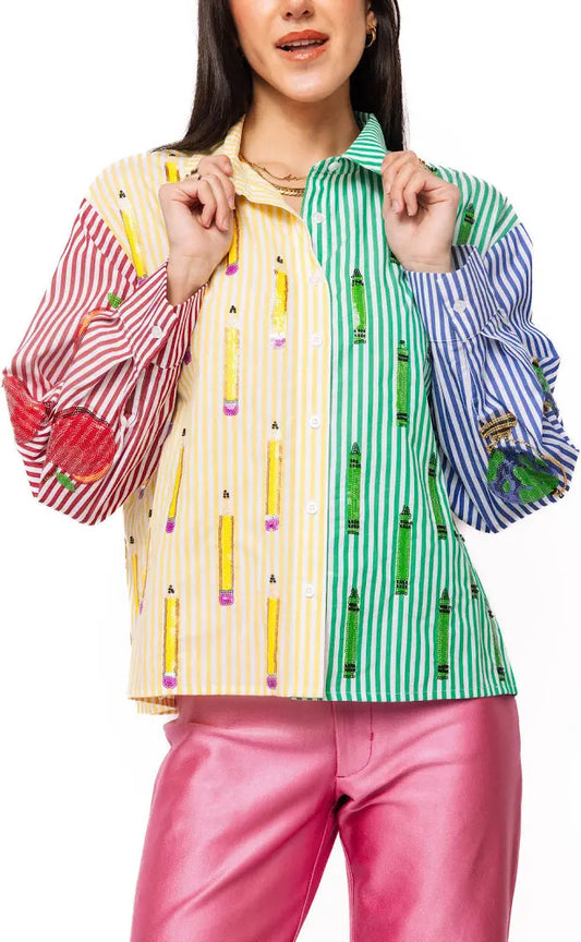 Queen Of Sparkles Colorblock Stripe Teacher Icon Button Up Cotton Top