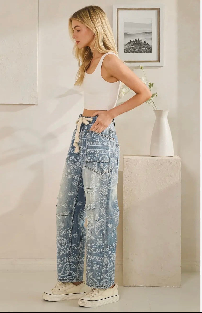 Washed Patty Paisley Patch Print Denim