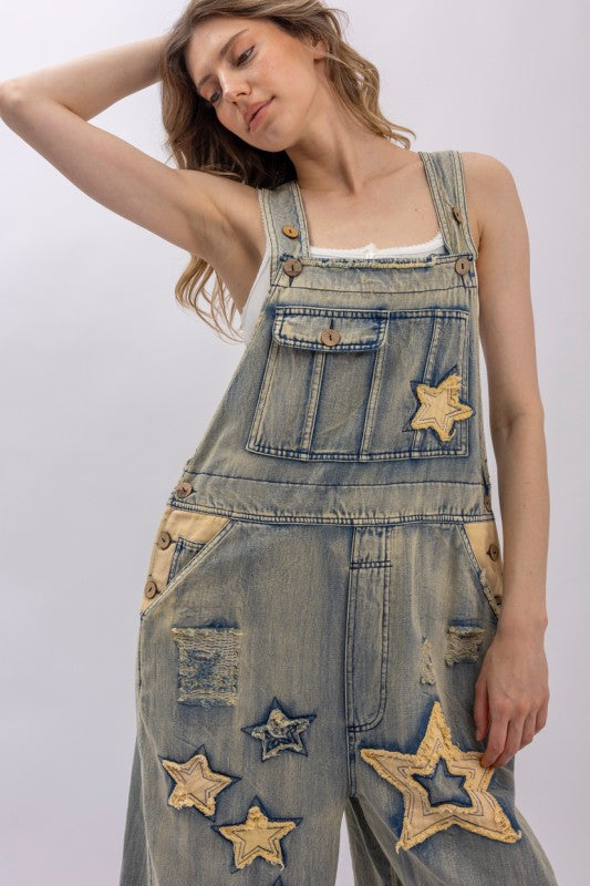 Star And Peace Patchwork Denim Bib Overalls