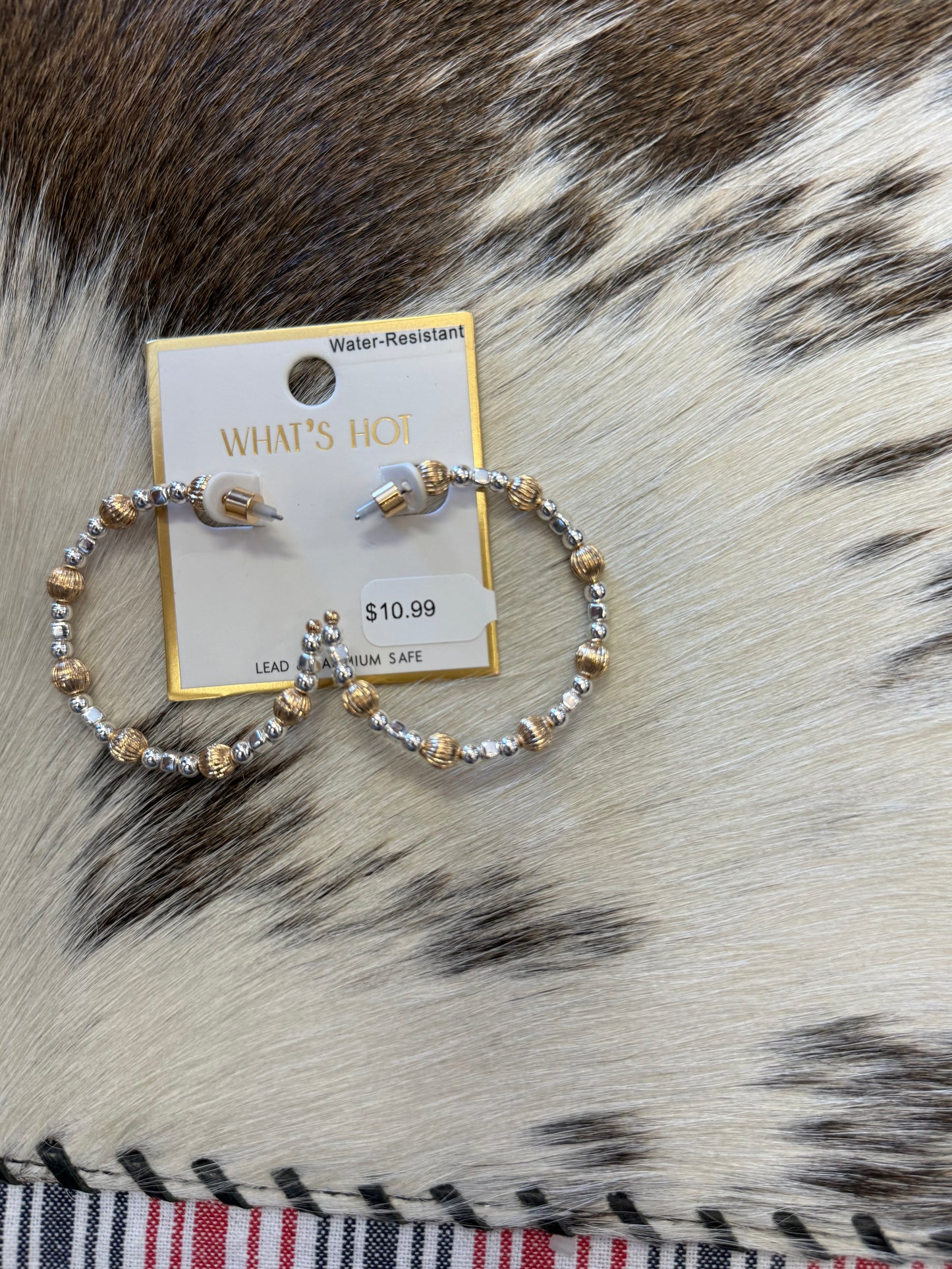 Water Resistant Graduated Gold and Silver Bead 2" Hoop Earring