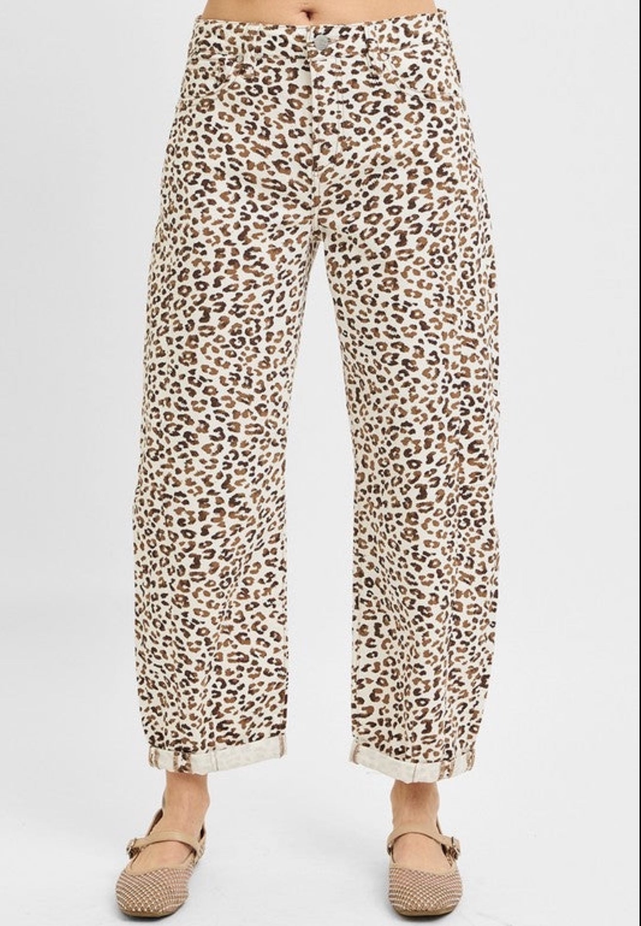 Risen High Rise Leopard Barrel Jeans (light tan)