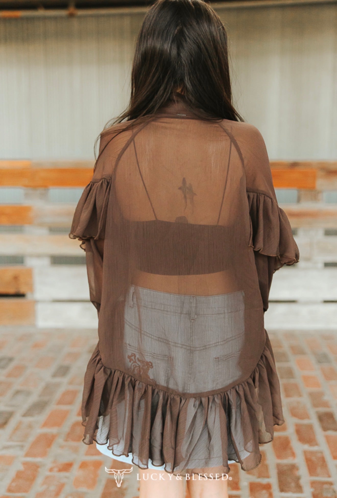 SHEER RUFFLE TIE NECK WESTERN BLOUSE