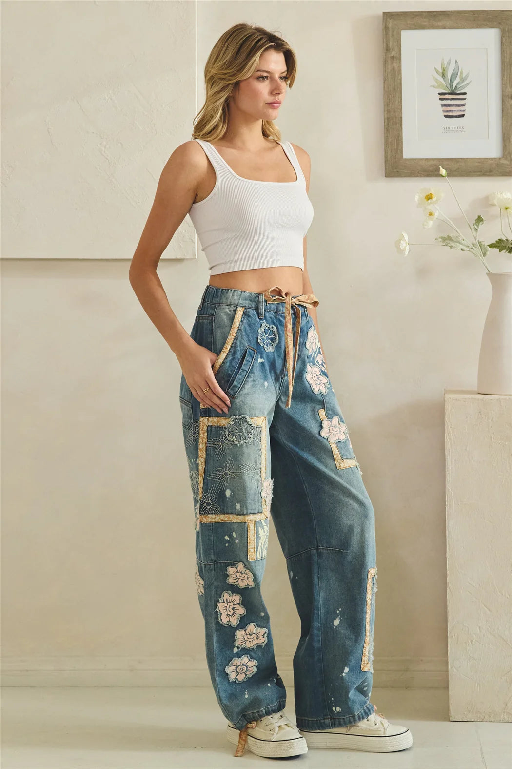 WASHED BLOCK PATCHED DENIM PANTS
