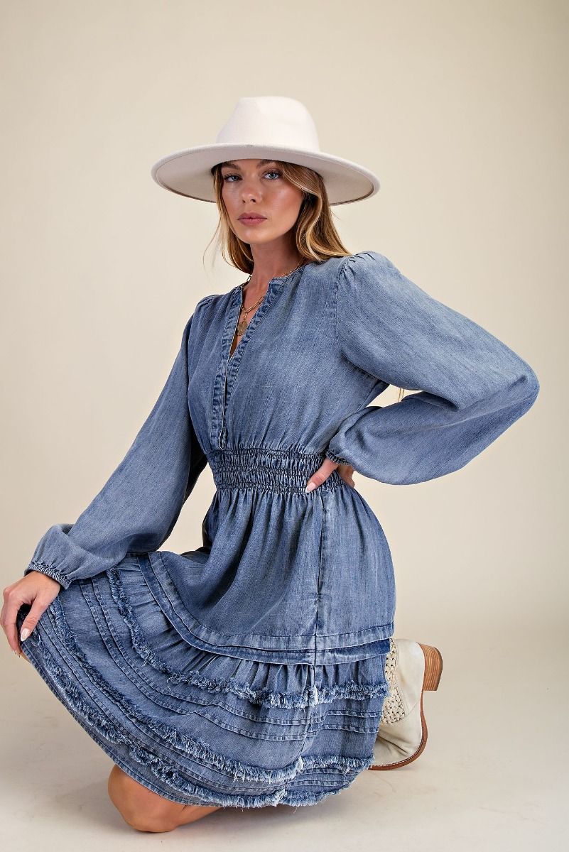 SMOCKED WASHED CHAMBRAY DRESS
