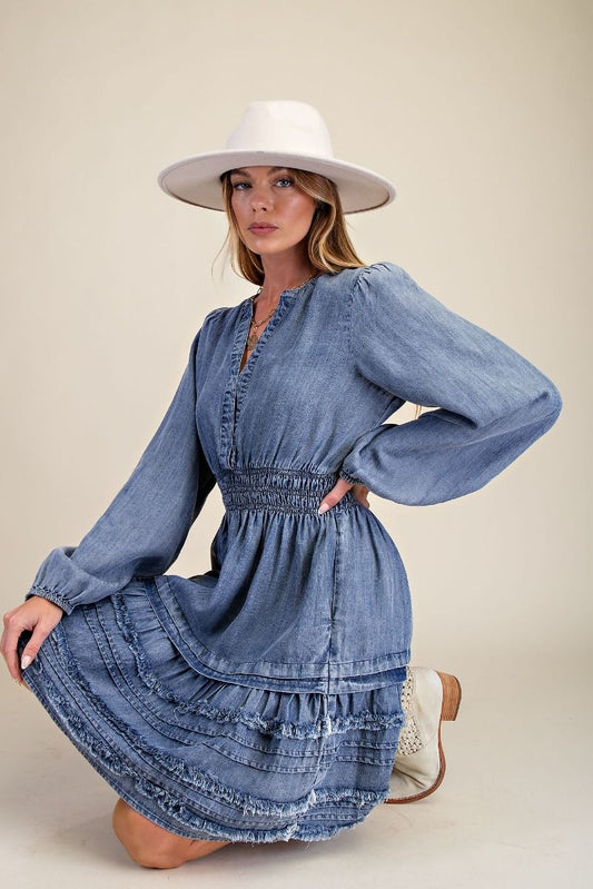 SMOCKED WASHED CHAMBRAY DRESS