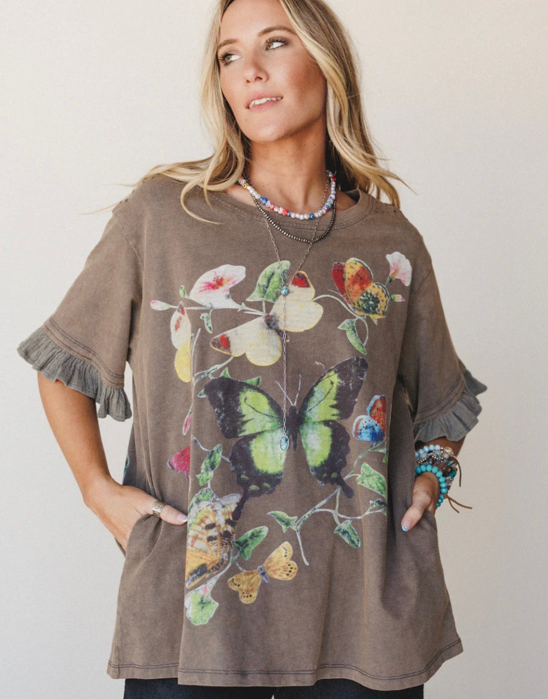 Ash Butter Fly Print Ruffle short sleeve t-shirt