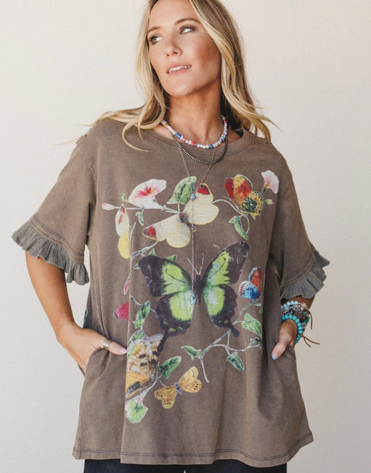 Butter Fly Print Ruffle short sleeve t-shirt