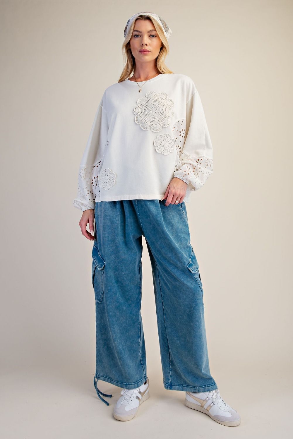 CROCHET PATCH DETAILING WASHED TERRY TOP