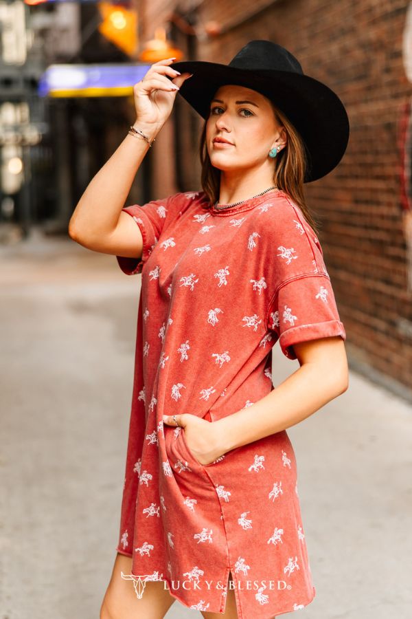 BURGUNDY RED MINERAL WASHED HORSE PRINTED DRESS