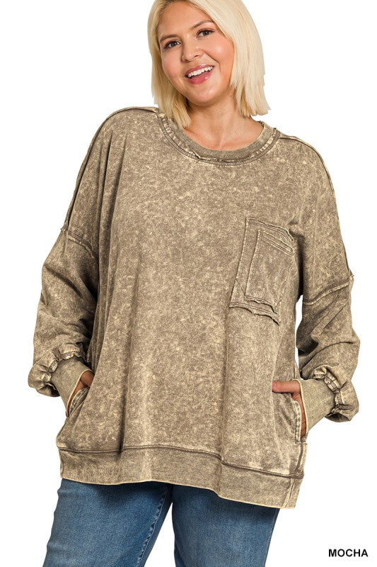 TERRY ACID WASH RAW
EDGE FRONT POCKET
PULLOVER