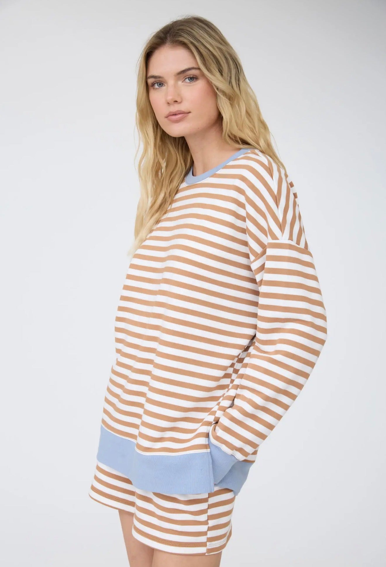 Striped Boxy Long Sleeve Contrast Knit Top and/or Ribbed Waist Knit Shorts