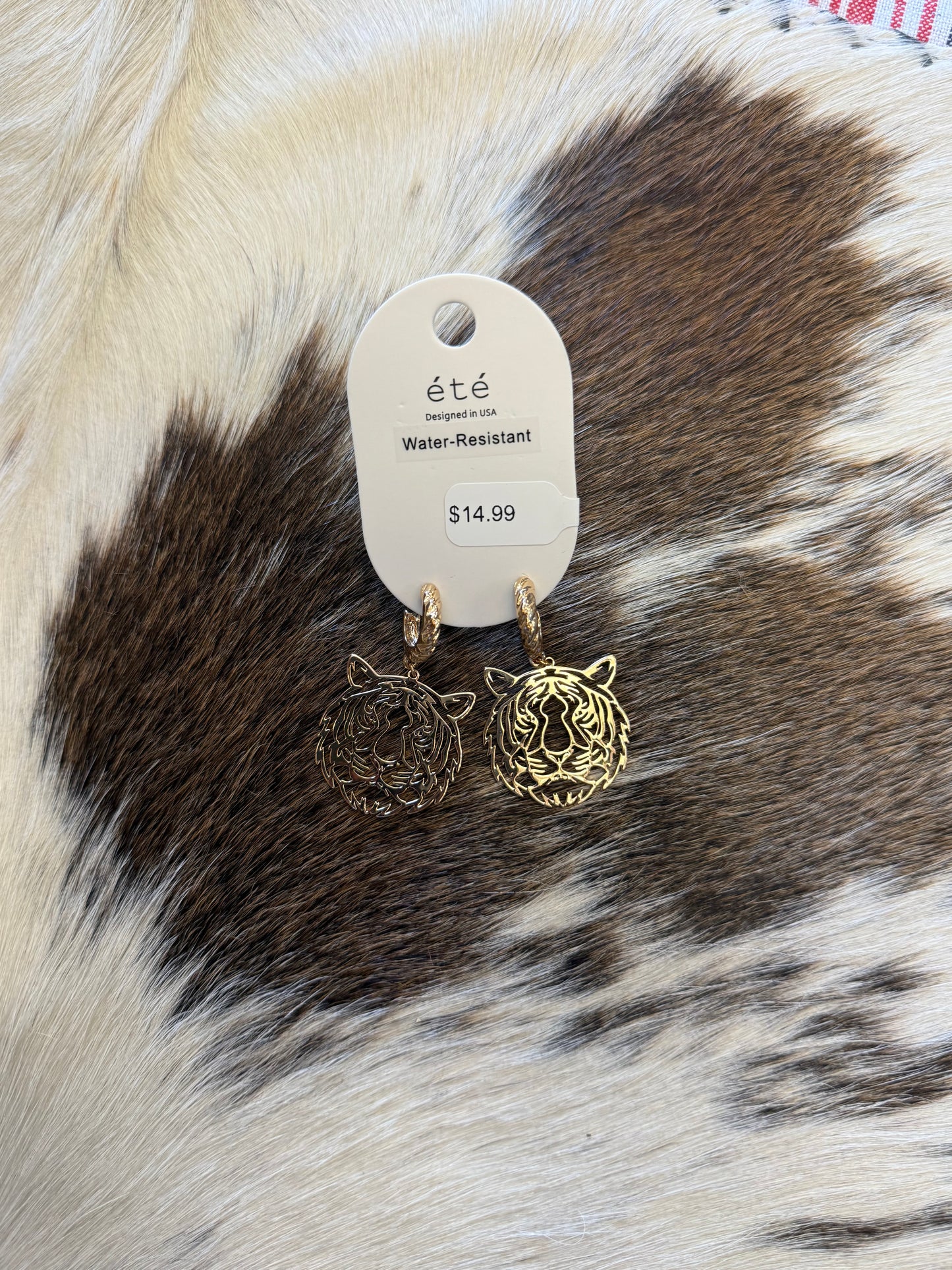 Gold Open Cut out Tiger with Twisted Huggie Hoop 2" Earring