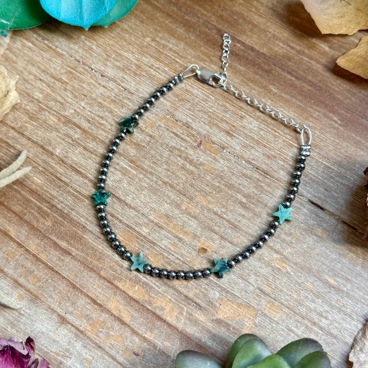 African Turquoise Onyx Star
Bracelet with Sterling Silver Pearls