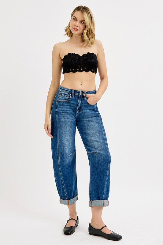 High Rise Boyfriend Cuffed Barrel Jeans
