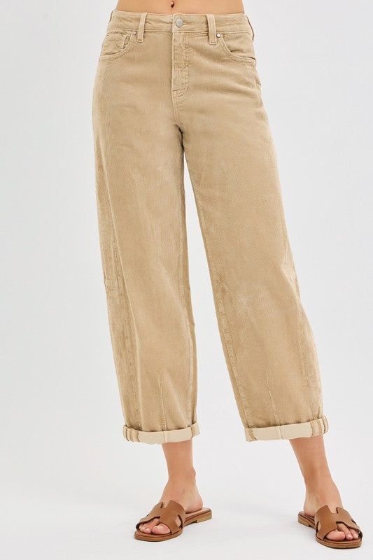 RISEN HIGH RISE CROP BARREL CORDUROY PANTS