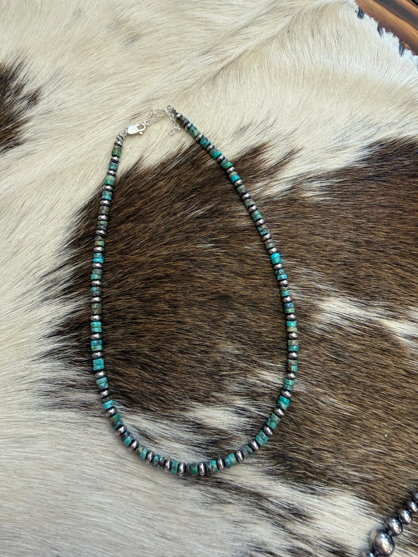 14" Turquoise Heishi & Sterling Silver Saucer Necklace