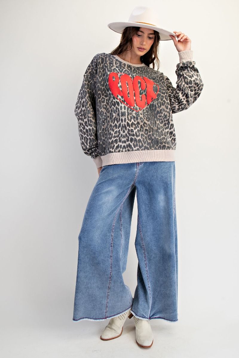 ANIMAL PRINTED ROCK HEART MINERAL WASHED TERRY KNIT PULLOVER
