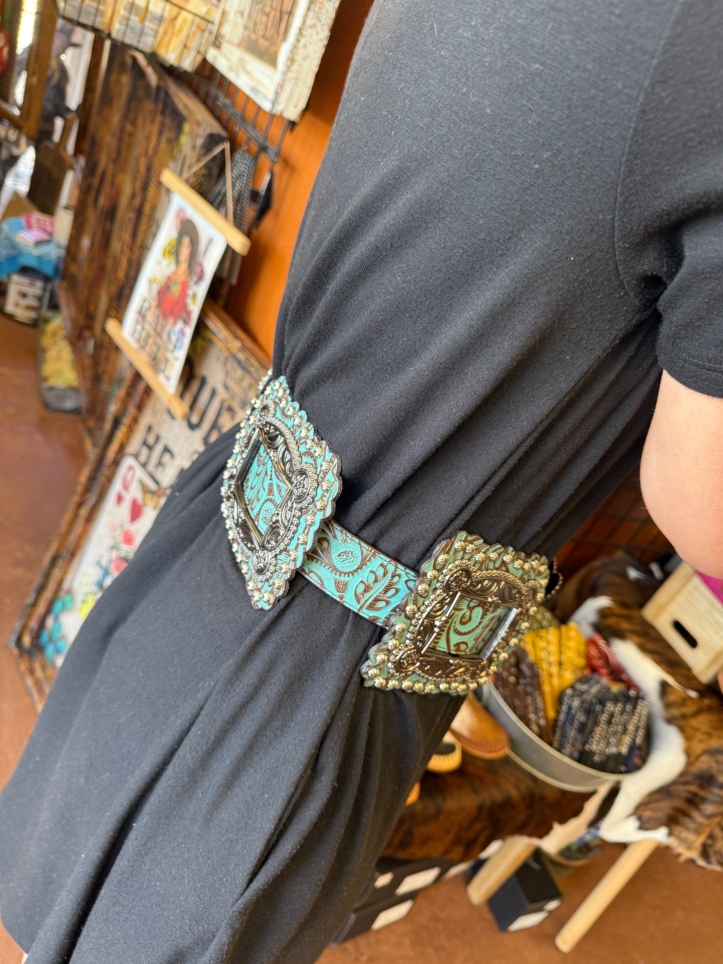 Turquoise Tooled Leather Square Concho Belt