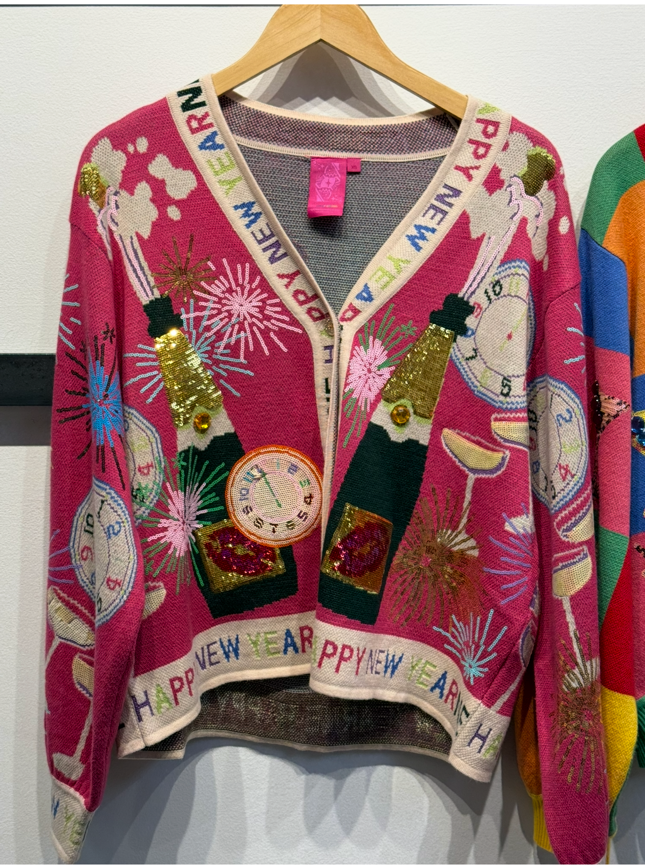Queen Of Sparkles Hot Pink NYE Icon Button Up Cardigan With 'Happy New Year' Trim
