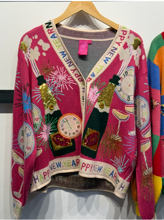 Queen Of Sparkles Hot Pink NYE Icon Button Up Cardigan With 'Happy New Year' Trim
