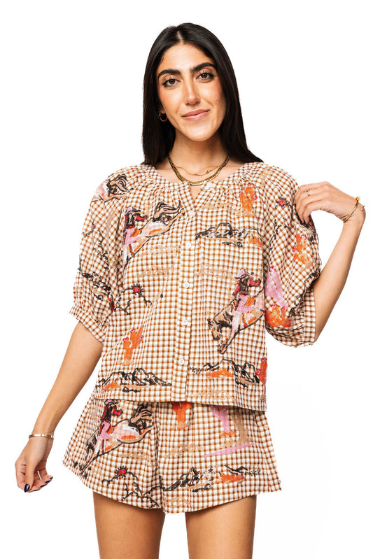 Queen Of Sparkles Brown Gingham Bucking Cowgirl Button Up Cotton Top