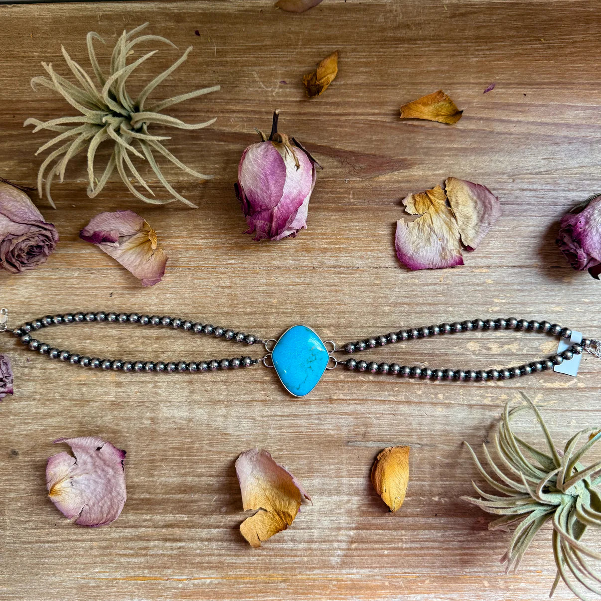 Double Strand Sterling Silver & Turquoise Choker - 13" + Extender - 6 mm Pearls