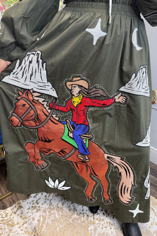 Queen Of Sparkles Dark Green & Ivory Western Icon Cotton Midi Skirt