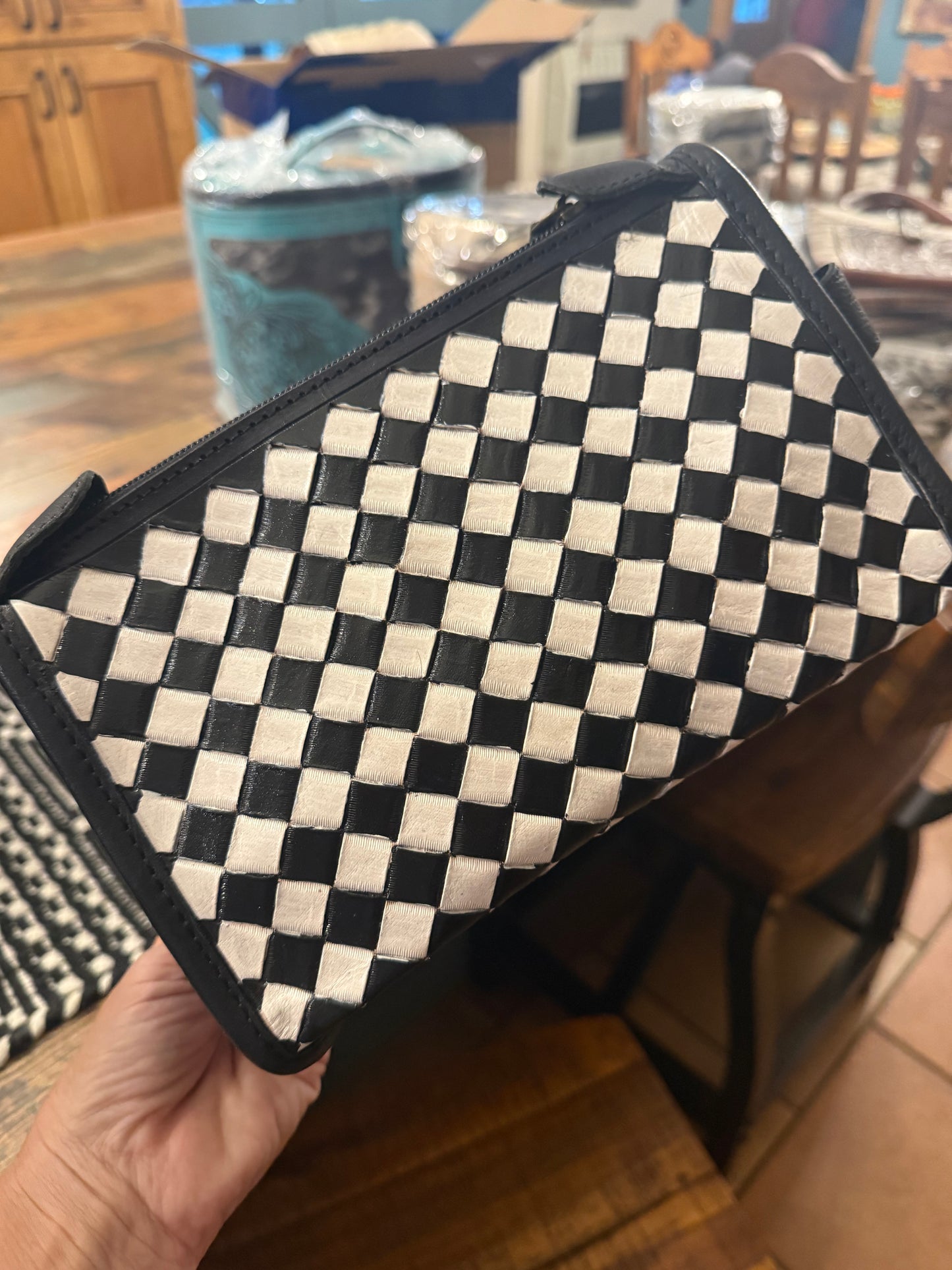 Leather Checkered Toiletry Bag
