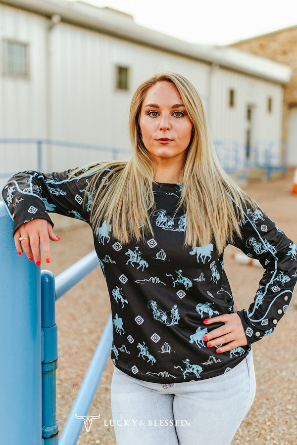 WESTERN PRINTED LONG SLEEVE PEARL SNAP CUFF PIPING DETAIL