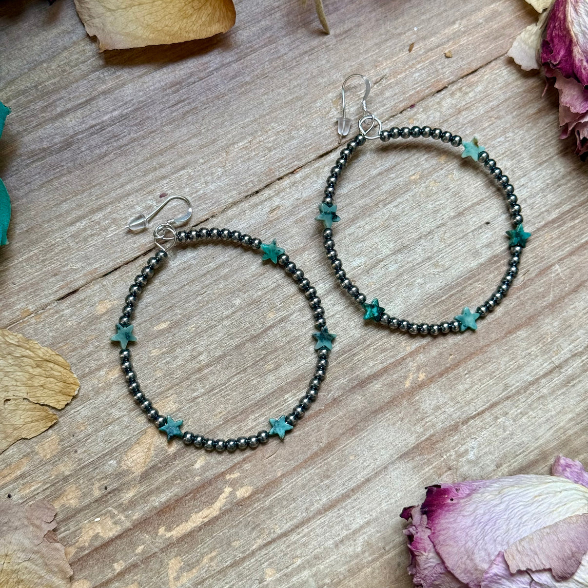 African Turquoise Star Hoop Earrings - 3mm Sterling Silver