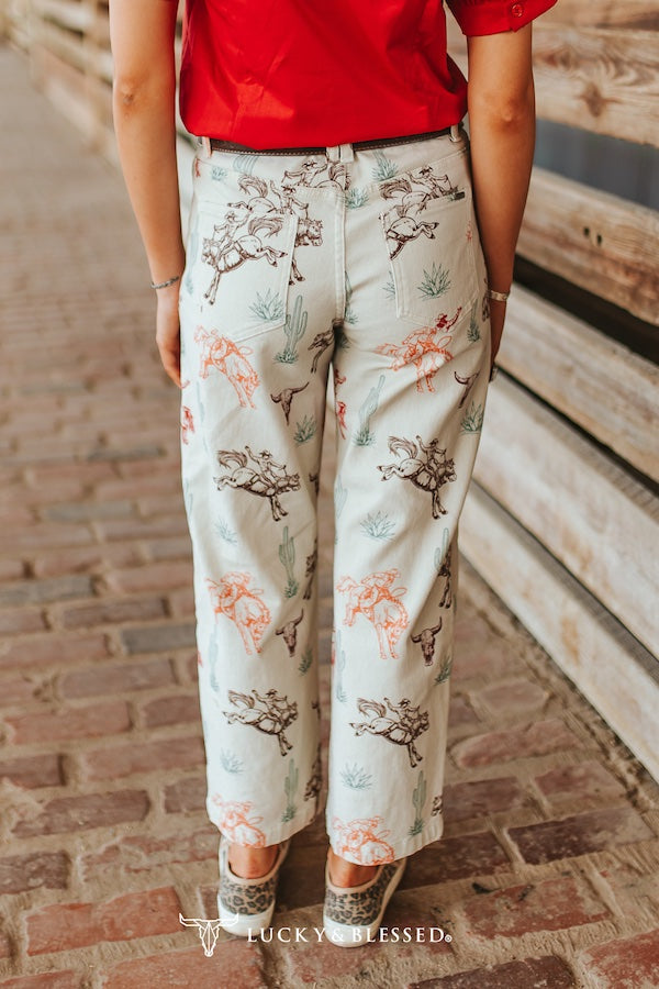 CREAM WESTERN PRINT STRETCH DENIM MID RISE BARREL JEANS   (28IN INSEAM)