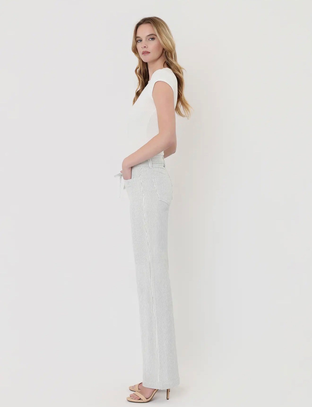 High Rise Waist Tie Striped Vintage Flare Jeans