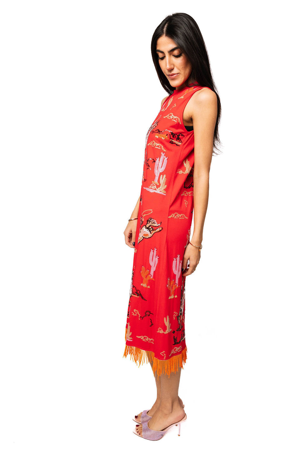 Queen Of Sparkles Red Bucking Cowgirl Fringe Bottom Midi Tank Dress