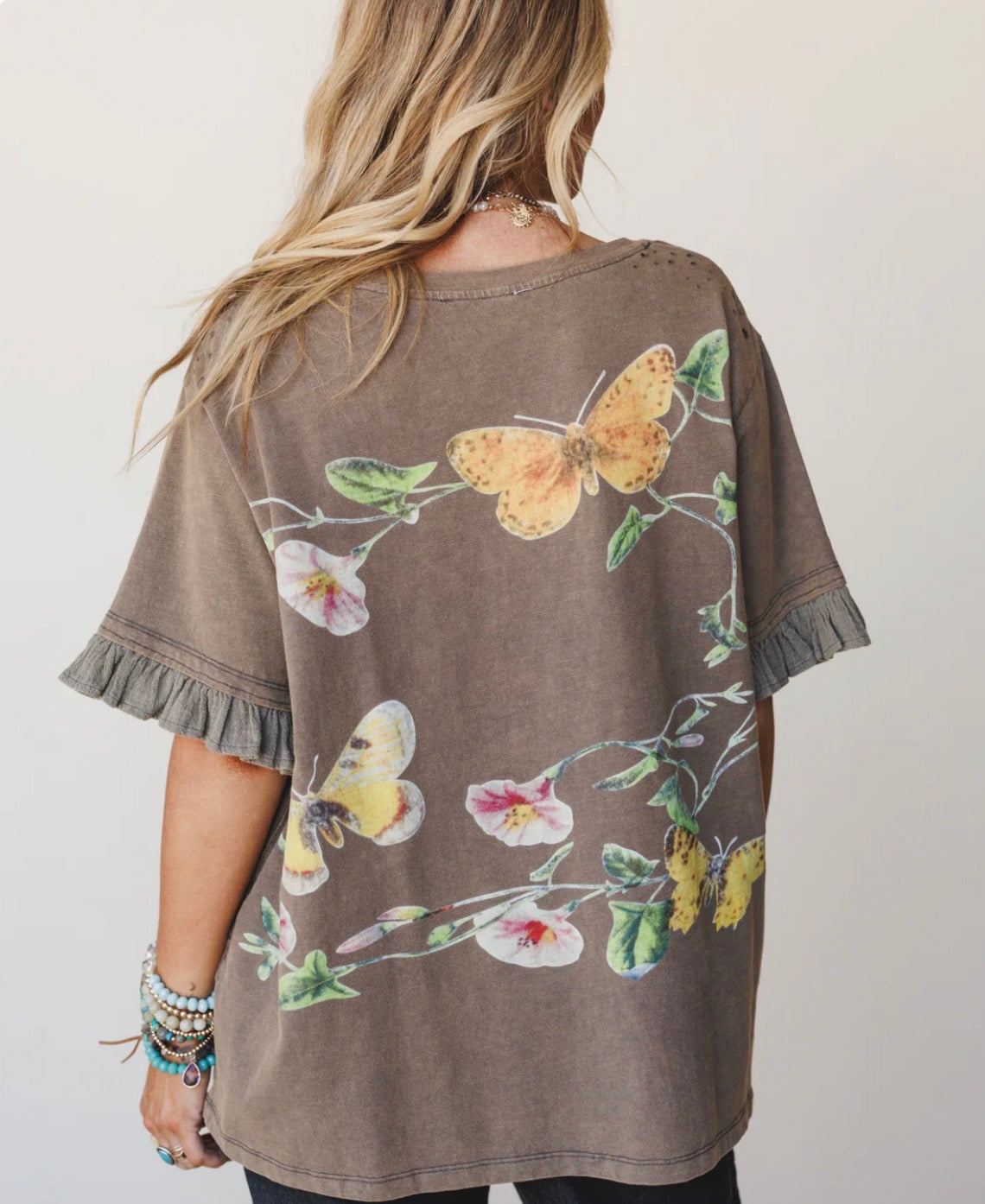 Ash Butter Fly Print Ruffle short sleeve t-shirt