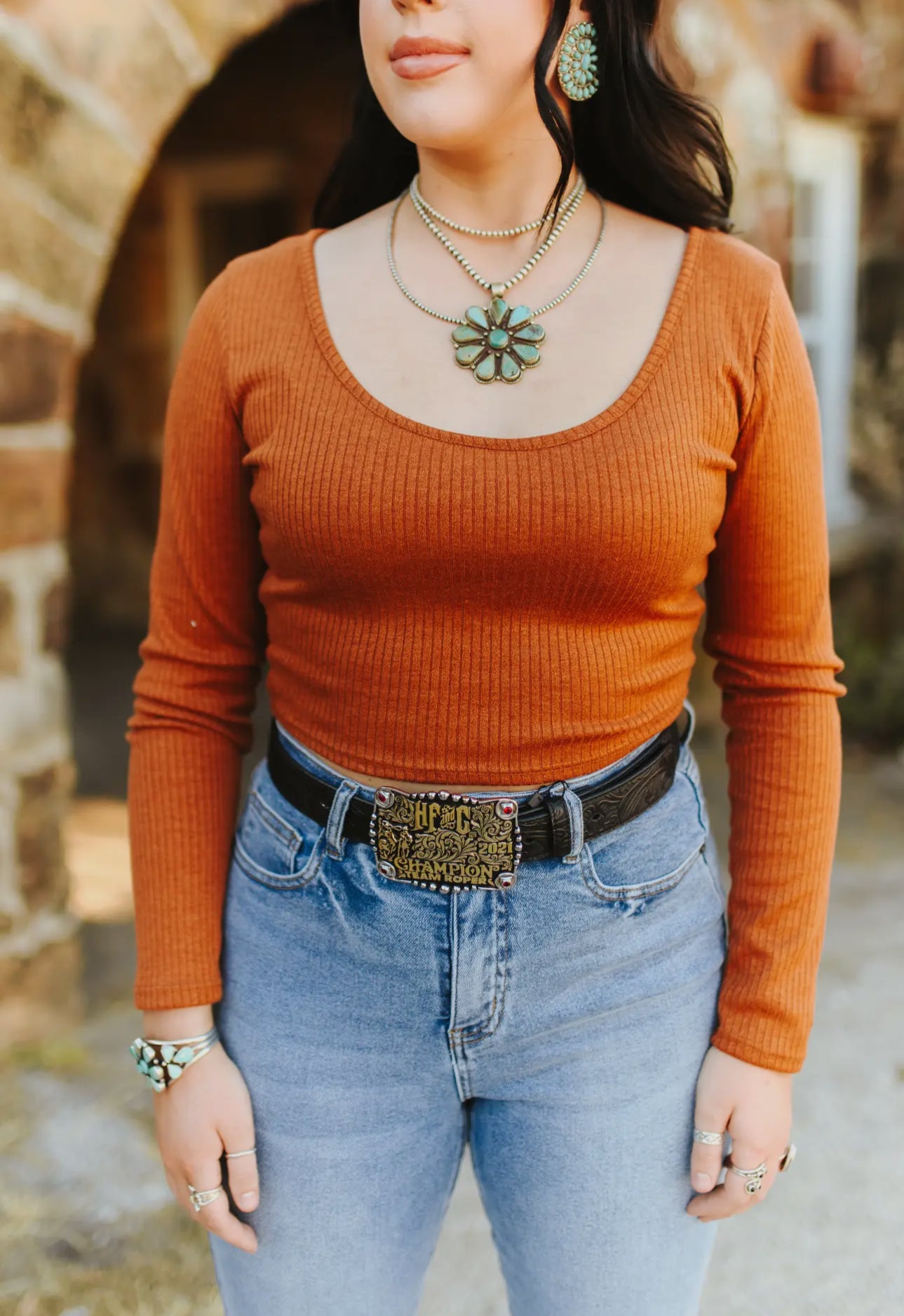 Ribbed Scoop Neck Long Sleeve Cropped Top